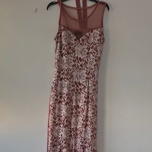 Sleeveless Dusty Rose Lace Maxi Dress with Sheer Yoke